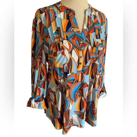 COCOMO XL 3/4 sleeve blue orange multicolored women’s pintuck Blouse top… - Picture 6 of 14